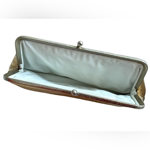 Vintage 60s Metallic Gold Lame Evening Bag Clutch Retro Glam Kiss Lock/Zip - Picture 2 of 5